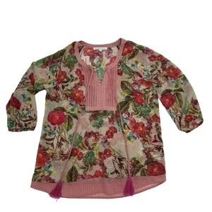 Anthropologie Daniel Rainn sheer Top Womens M Red & cream Floral 3/4 Sleeve Boho